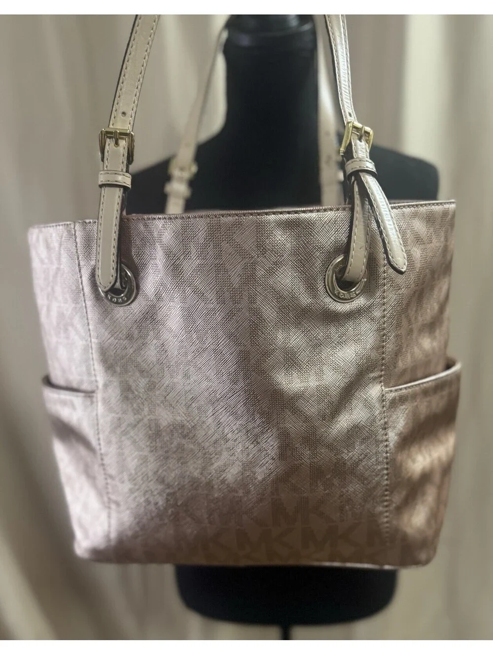 Michael Kors Large Metallic Rose Gold MK Logo Tote Shoulder Bag Gold Hardware